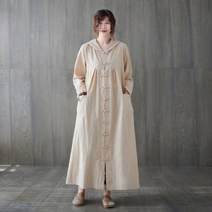 Casual Hoodie Maxi Linen Trench Coat C1985