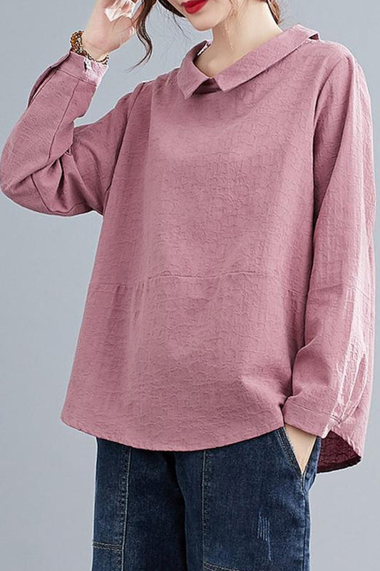 Pink Long Sleeves Linen Tops C200301