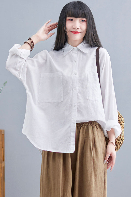 Long Sleeve Linen Shirt Tops in White  C2271#YY05133