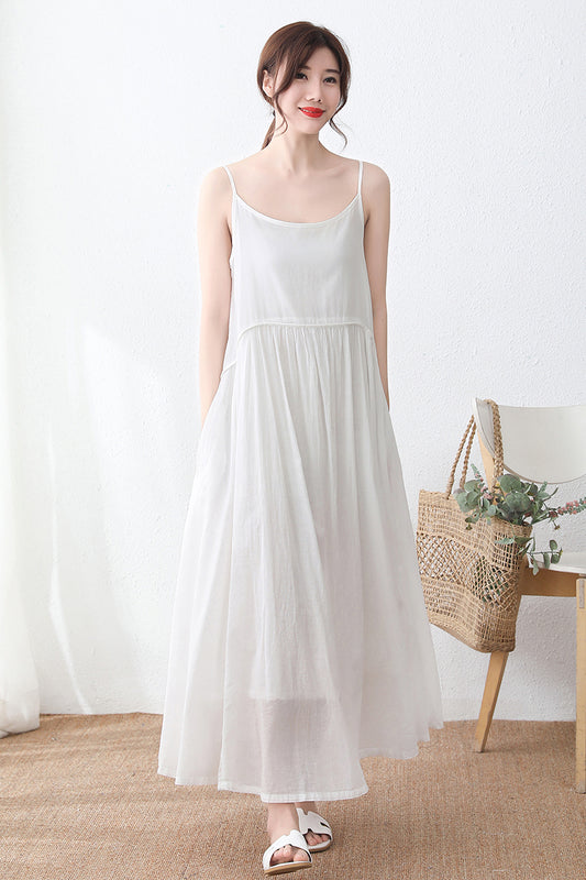 Sleeveless Long cotton linen Suspender Dress in white C233301