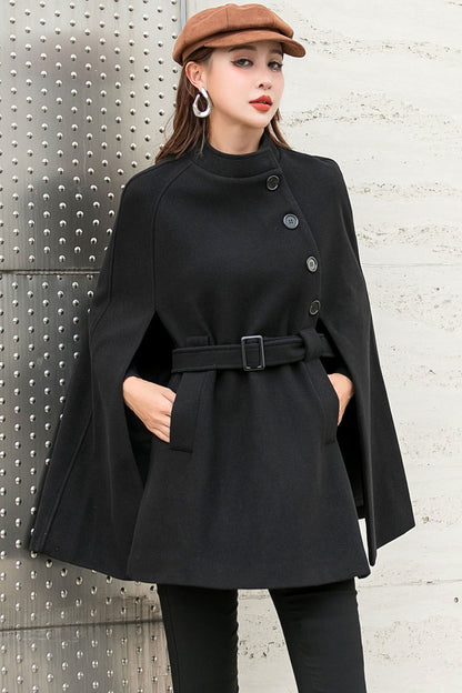 Warm Winter Red Wool Cape Coat Women C2470
