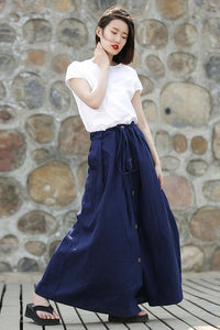 Casual linen drawstring maxi skirt C324#