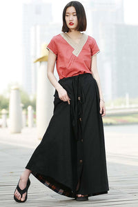 Casual linen drawstring maxi skirt C324#