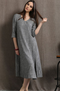 Grey linen v neckline dress C413