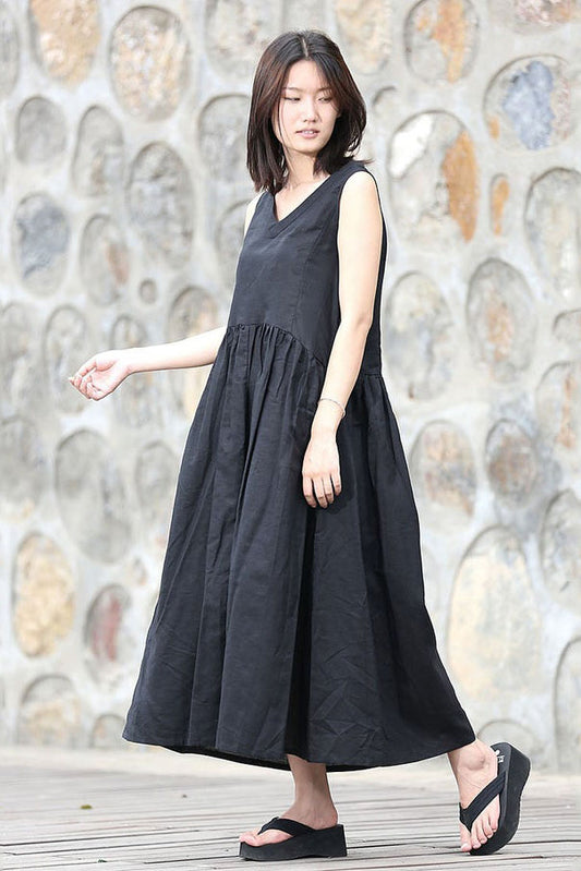 Sleeveless loose fit V neck maxi linen dress C487