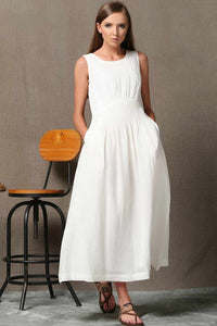 sleeveless White maxi linen dress C538