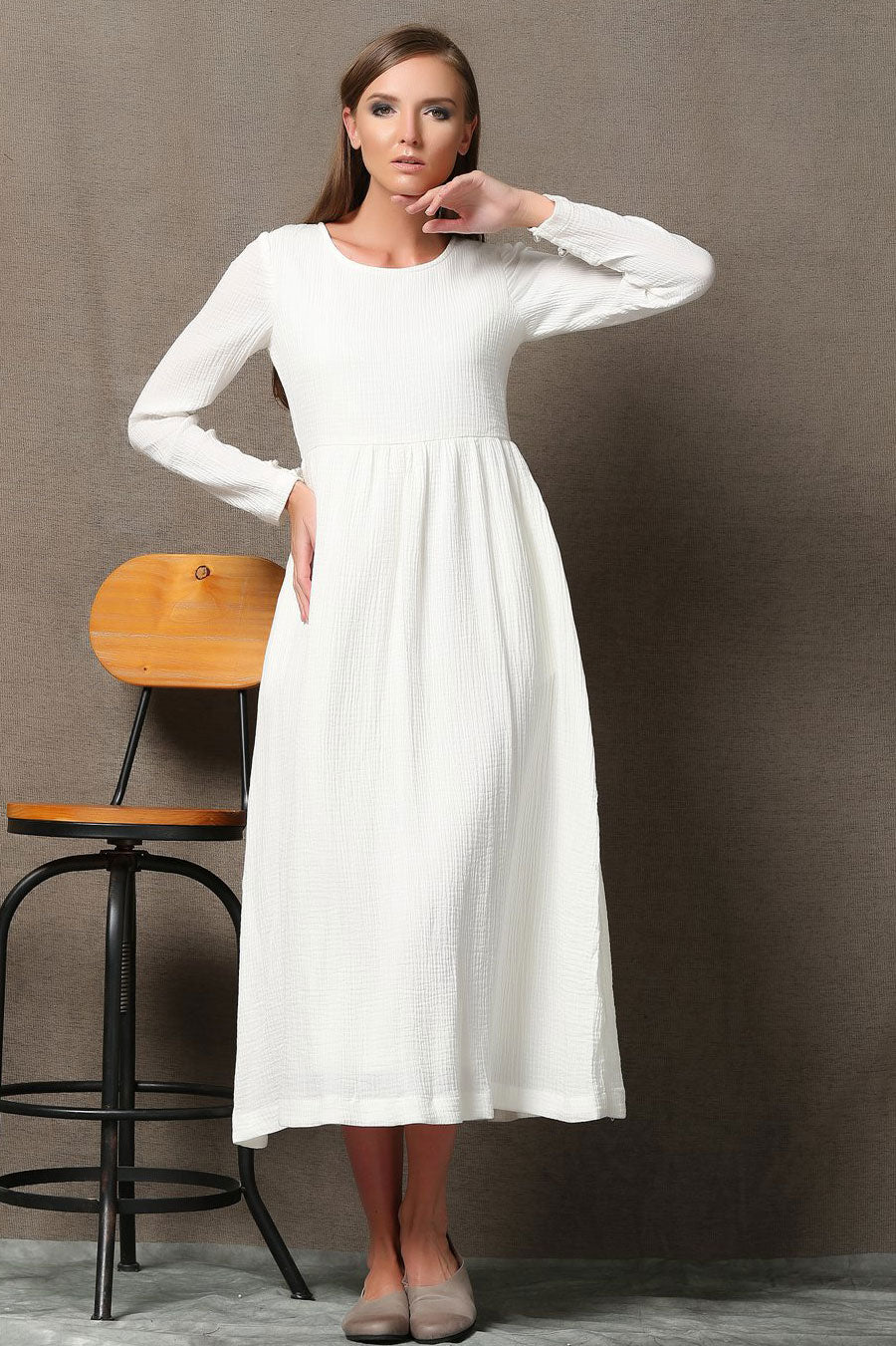 Casual long sleeve white maxi dress C555