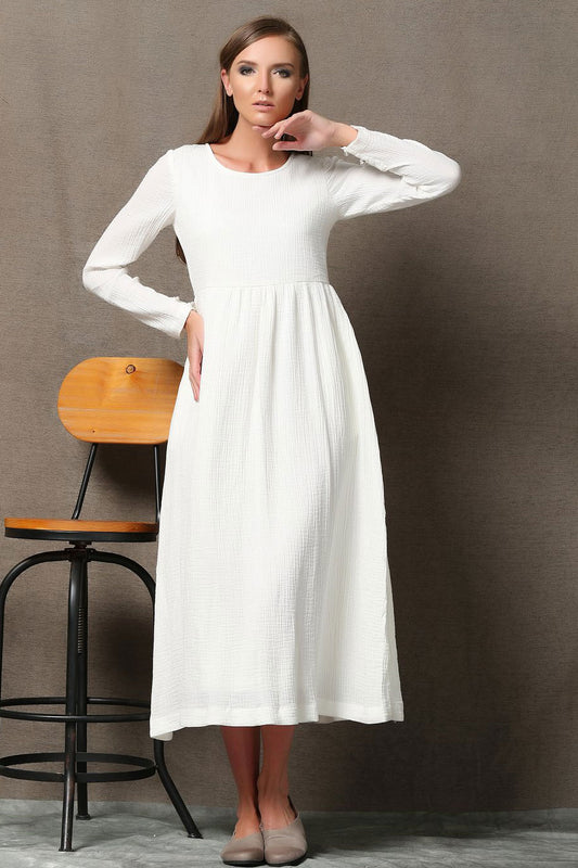 Casual long sleeve white maxi dress C555
