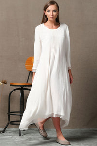 White Linen & Chiffon Long-Sleeved Asymmetrical Summer Dress C560