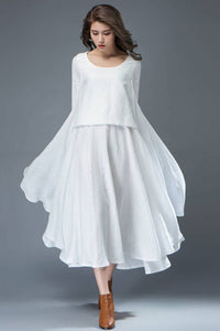 White long sleeve linen dress C819