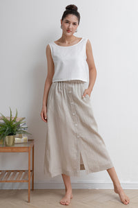 Pleated Front Button Linen Skirt C2931