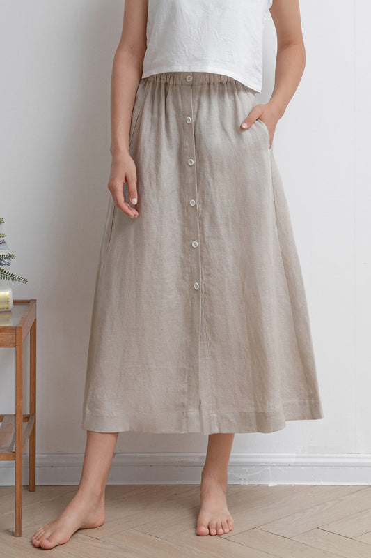 Pleated Front Button Linen Skirt C2931