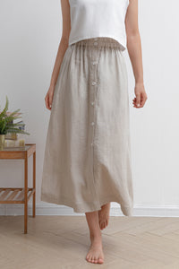 Pleated Front Button Linen Skirt C2931