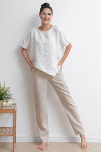 Beige Women Casual Linen Pants C2934