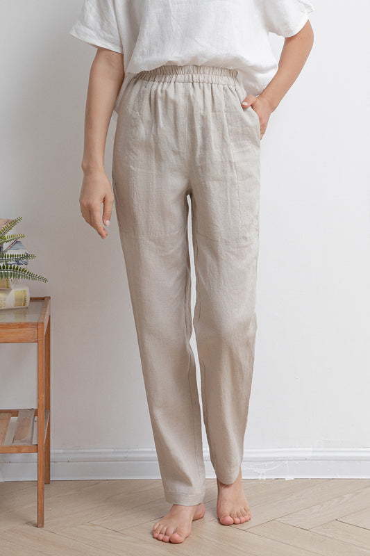 Beige Women Casual Linen Pants C2934