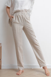 Beige Women Casual Linen Pants C2934