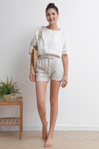 Elastic Waist Beige Linen Shorts C2935