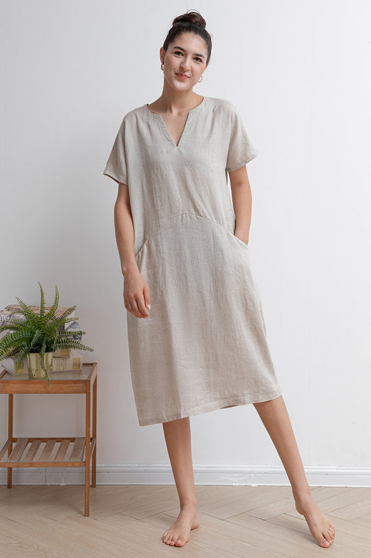 Women V-neck Midi Linen Dress C2938