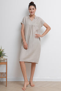 Beige V-neck Midi Linen Dress C2940