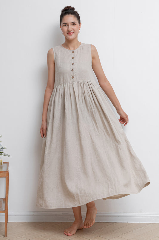 Women Sleeveless Long Linen Dress C2941