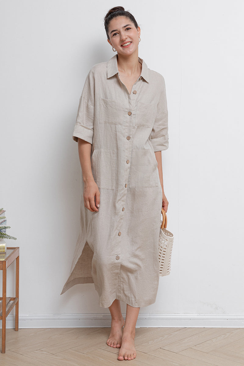 Beige Linen Shirt Dress - Loose Fit with Front Button Closure C2942
