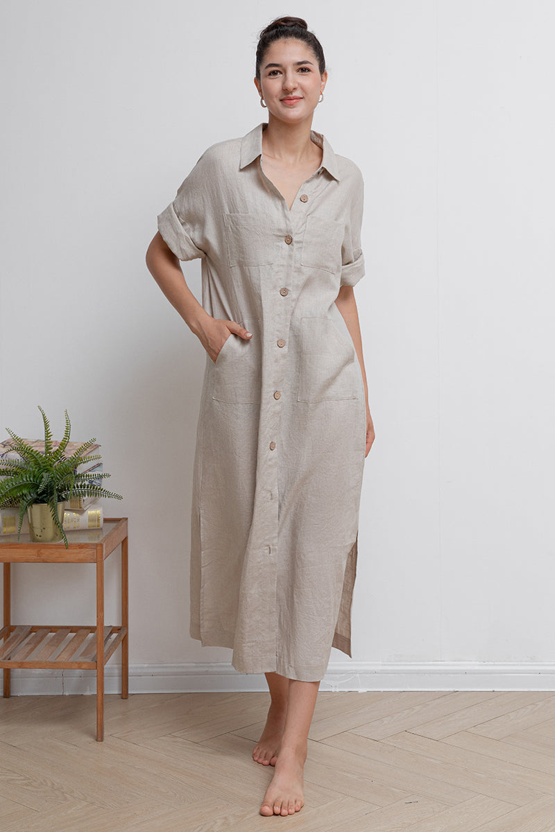 beige linen shirt dress - Loose Fit with Front Button Closure C2942 smock christmas dress Luxurious linen with its Carla Embroidered Maxi Dress Color:Hotpink