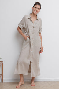 Women Long Linen Shirt Dress C2942