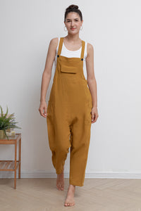 Yellow Casual Long Linen Overalls C2943