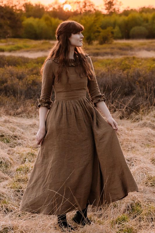 Brown Linen Maxi Dress - Ruffle Scoop Neckline and Belted Waist c1786