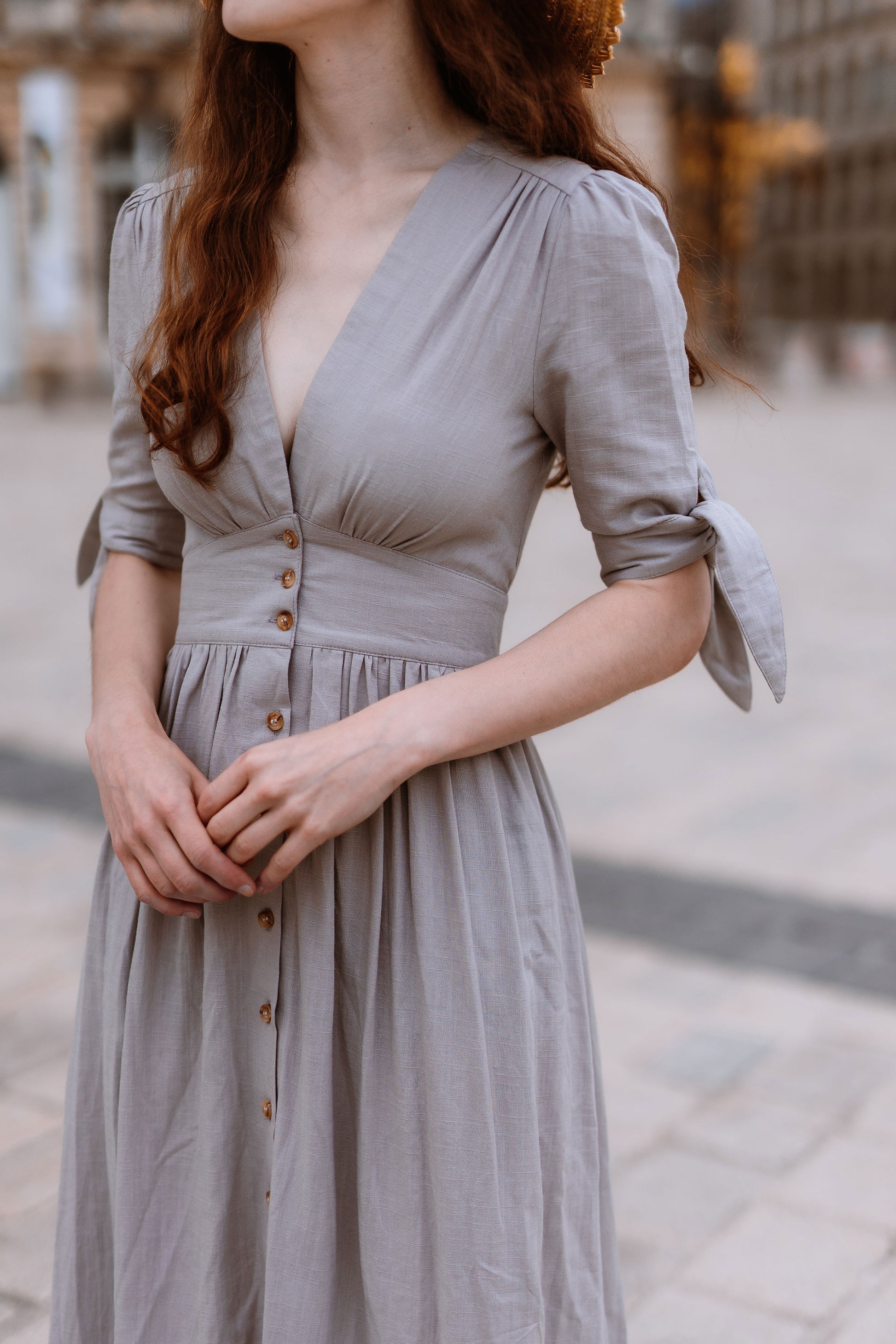 Beige Linen Midi Dress with Deep V-Neck and Half Sleeves Red / L