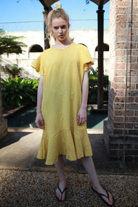Yellow Short sleeve cotton linen dress C1490,Size US2 # YY04265