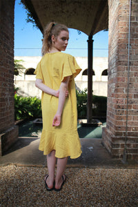 Yellow Short sleeve cotton linen dress C1490,Size US2 # YY04265