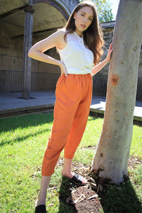 orange elastic waistband cropped linen pants C1441 XS#YY03952