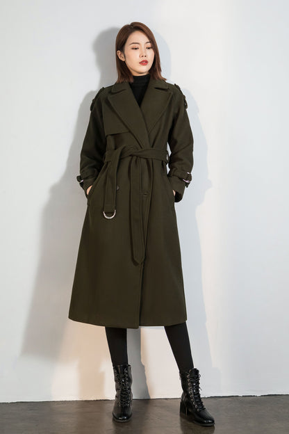 Army green wool maxi coat with self tie belt C4413