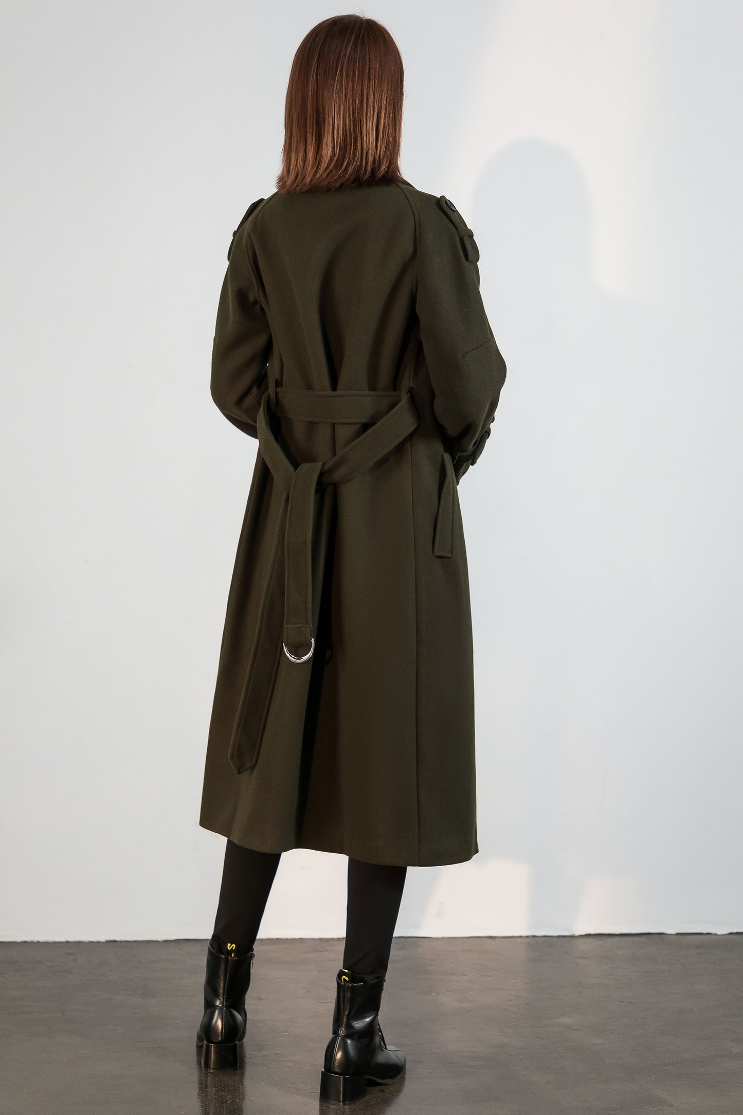 Army green wool maxi coat with self tie belt C4413