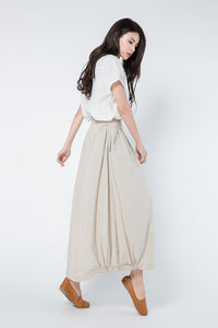 Beige Elastic Waist Maxi Linen Skirt C110401
