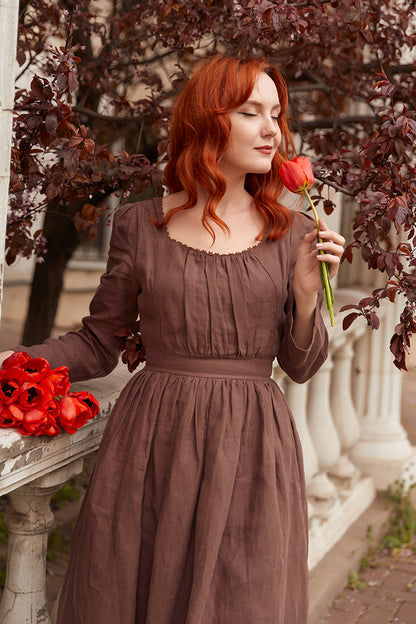 Women's Vintage Inspired Long Sleeve Linen Dress  C2850