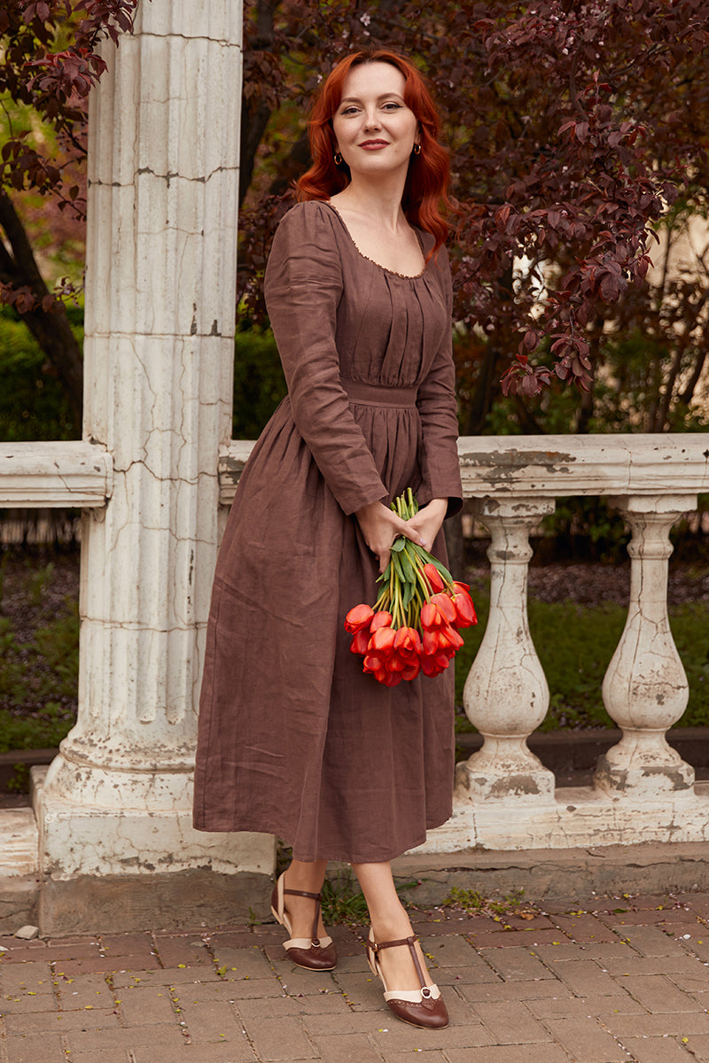 Brown Linen Midi Dress with Vintage Pleated Front for Elegant Style Brown / S