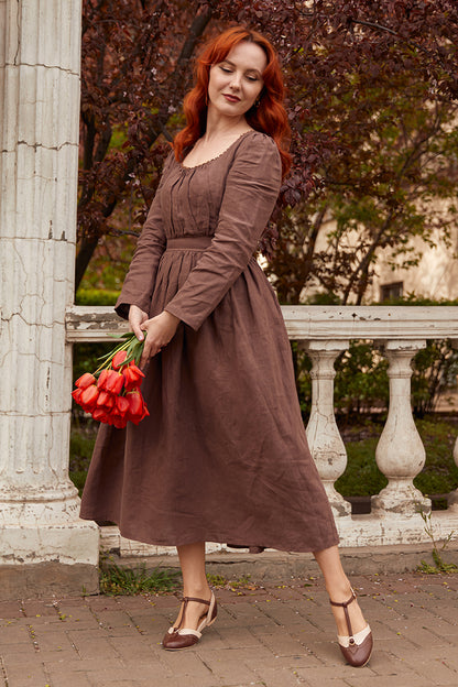 Women's Vintage Inspired Long Sleeve Linen Dress  C2850