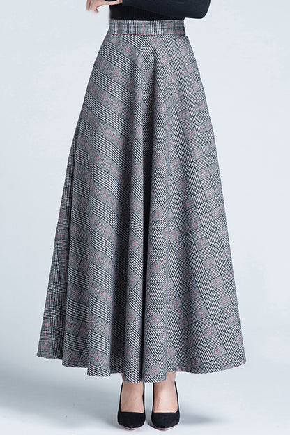 High Waist Plaid Wool Skirt C3126