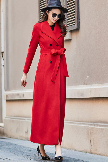 Red wool coat, Long wool coat for women C2525