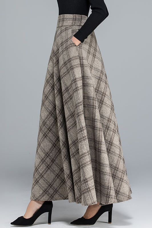 Women Maxi Plaid Wool Skirt C3114