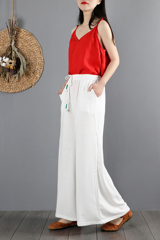 White Cotton Linen Wide Leg Pants - Elastic Waist Comfort C2878