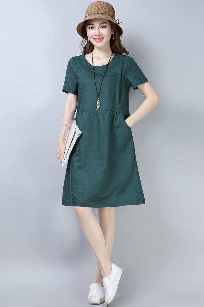 Brown Loose Linen Dress - Round Collar, Short Sleeve JL018