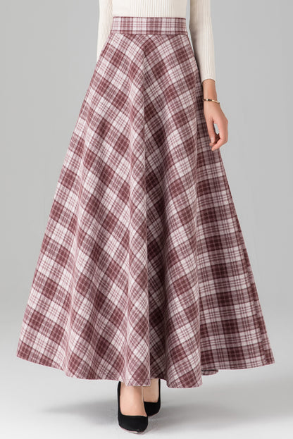 High Waist Long Plaid Wool Skirt C3121