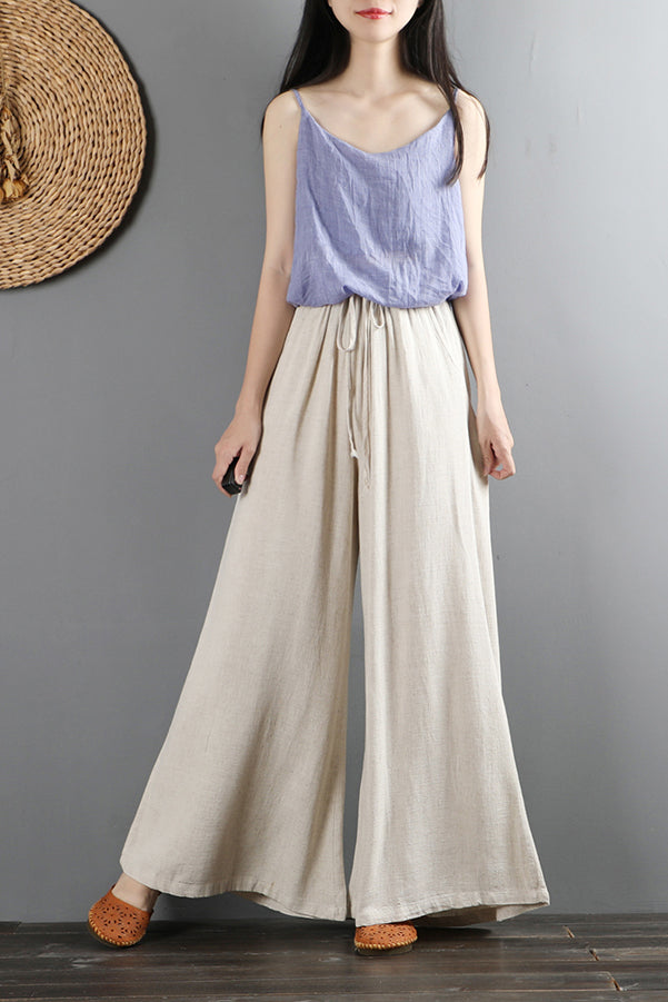 White Cotton Linen Wide Leg Pants - High Waist, Vintage-Inspired C2877