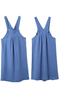 Spring Summer Women Blue Linen Suspender Midi Dress C2904