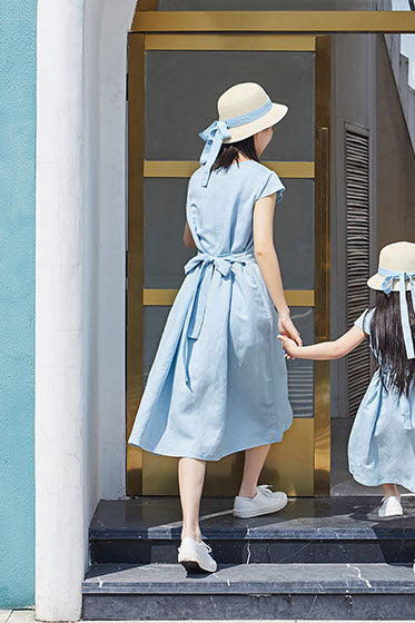 Women Summer Light Blue Cotton Linen Dress C2896