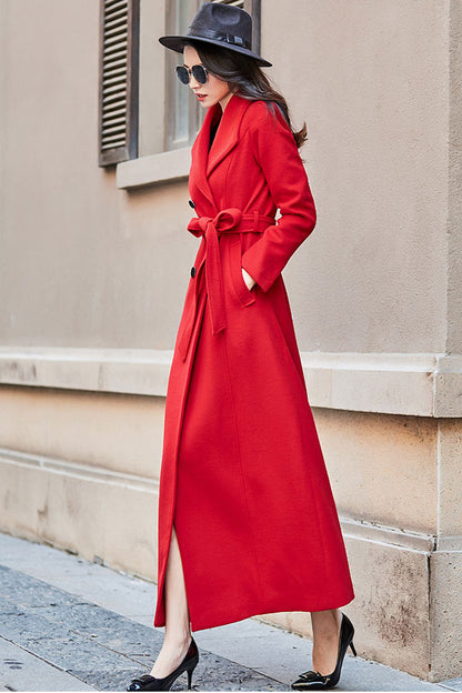 Red wool coat, Long wool coat for women C2525