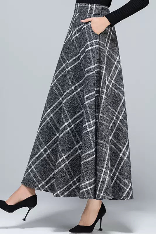 Autumn Gray Plaid Wool Skirt C3133
